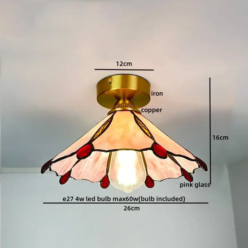 Decorative ceiling light with brass iron and copper base featuring pink stained glass petals and red accents copper led ceiling