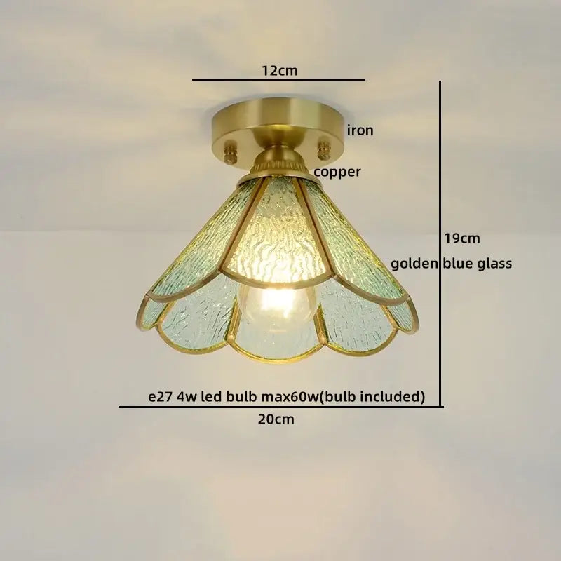 Vintage-style ceiling light with brass iron and copper led base featuring golden blue textured glass copper panels