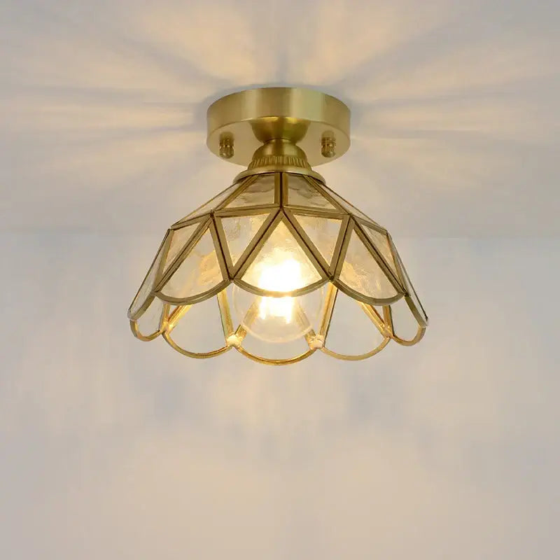 Brass-finished ceiling light with geometric petal-shaped amber and teal stained glass copper led shade for bedroom