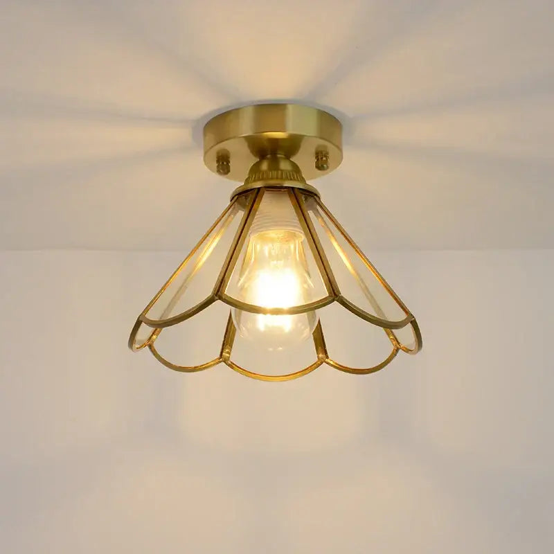 Brass-finished ceiling light with petal-shaped amber glass copper led shade for bedroom copper led ceiling installation