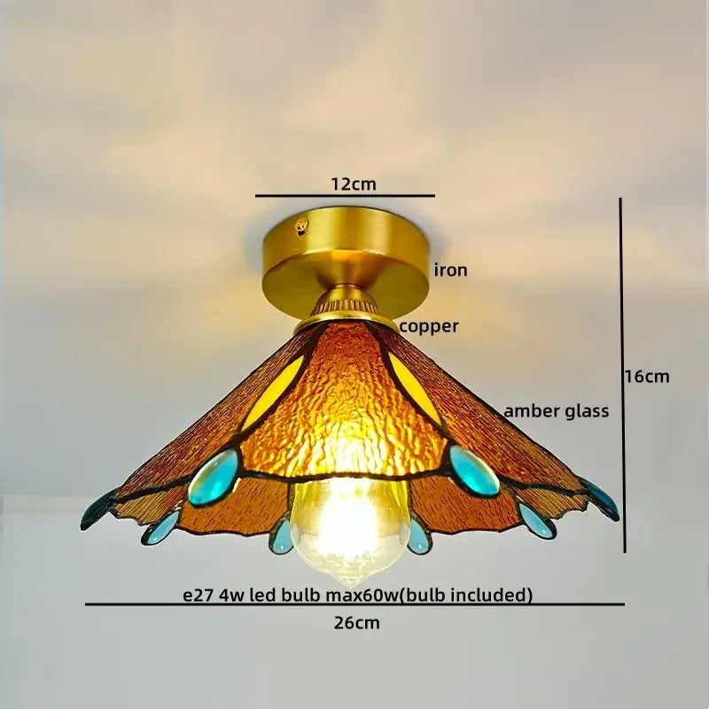 Nordic amber and teal stained glass copper led ceiling light with brass iron base for bedroom illumination
