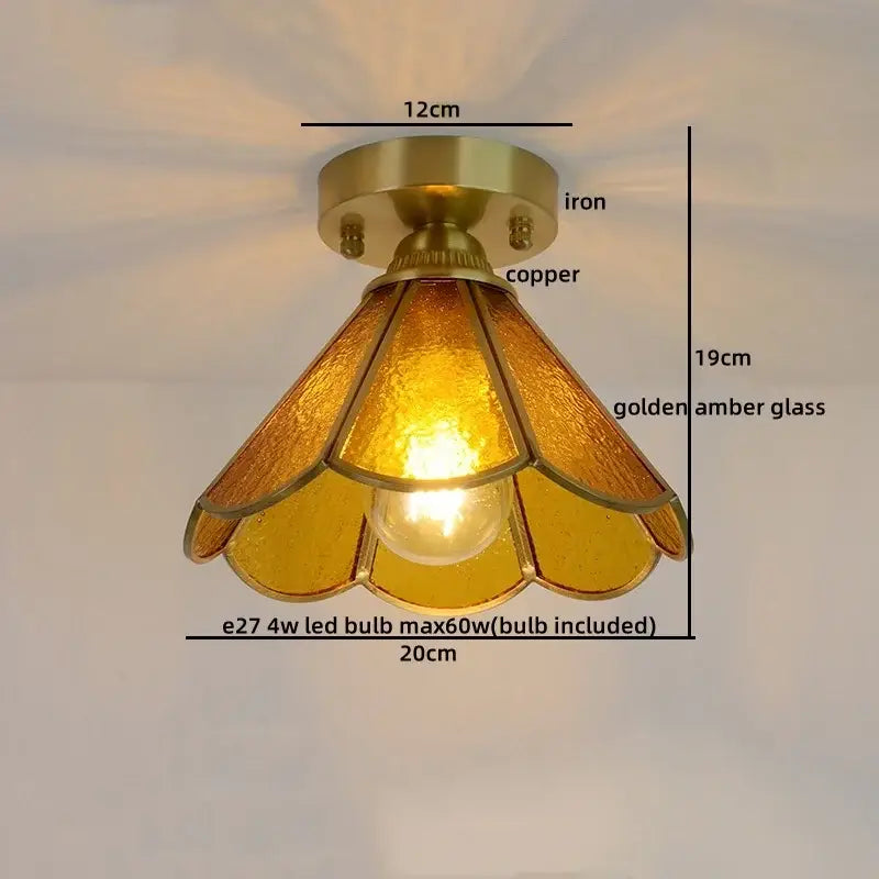 Vintage-style ceiling light with brass iron and copper base, petal-shaped golden amber glass for bedroom use copper led ceiling