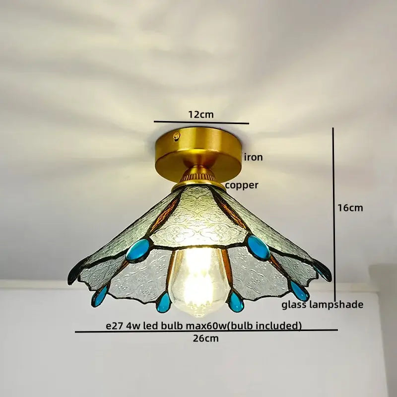 Nordic amber and teal stained glass copper led ceiling light with brass and copper iron base and intricate glass lampshade