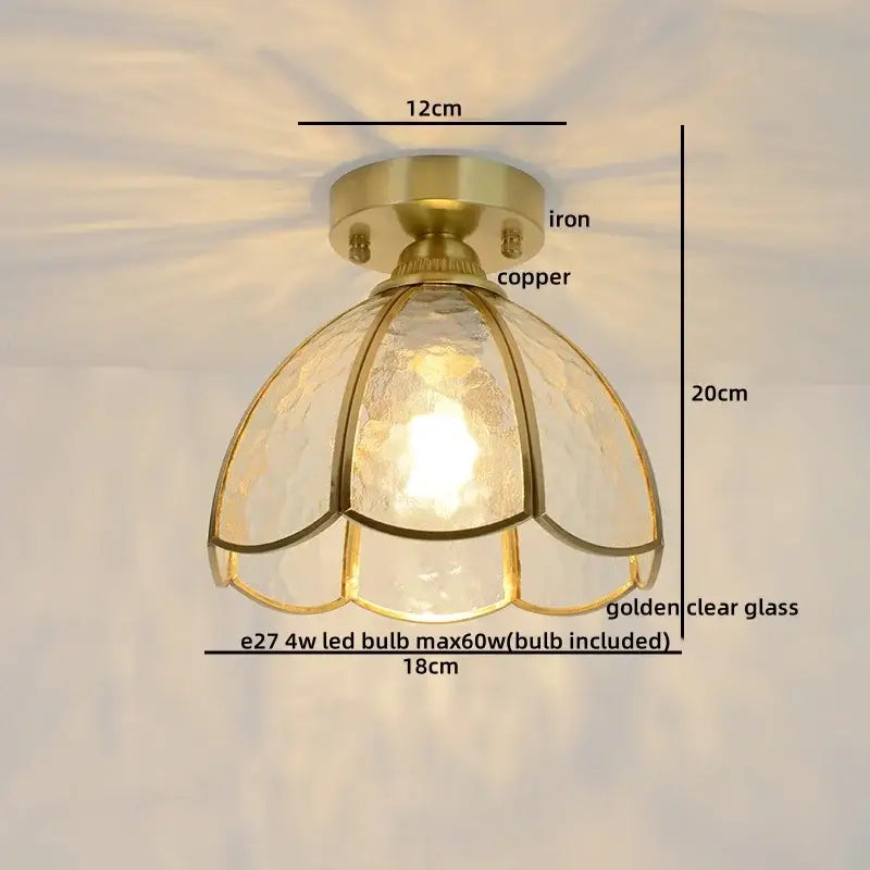Vintage-style ceiling light with brass iron and copper base featuring golden clear glass panels for warm copper led ceiling glow