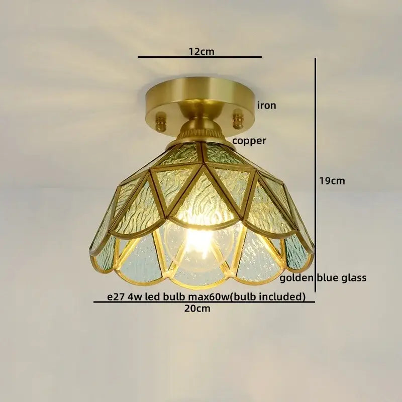 Vintage-style nordic amber and teal stained glass copper led ceiling light with brass-finished iron and copper base