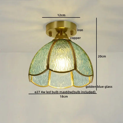 Vintage-style nordic amber and teal stained glass copper led ceiling light with brass iron base for bedroom use