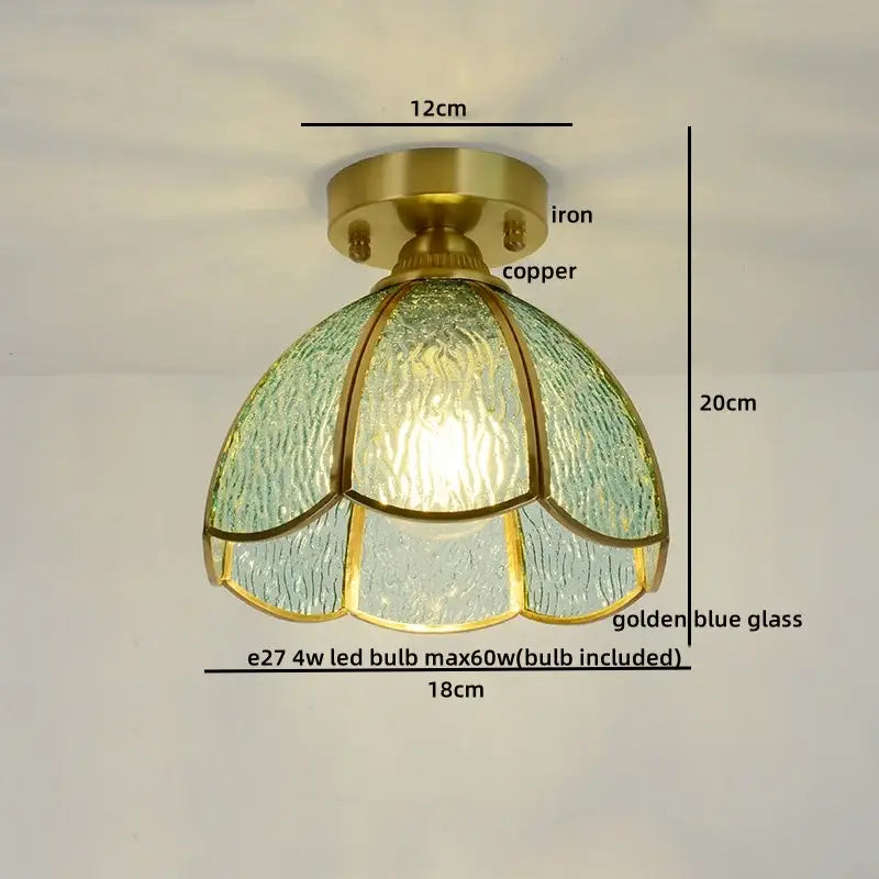 Vintage-style nordic amber and teal stained glass copper led ceiling light with brass iron base for bedroom use