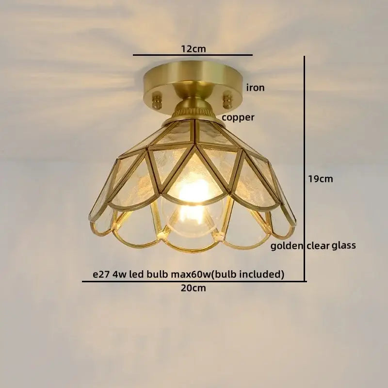 Vintage-style nordic amber and teal ceiling light with brass iron and copper base clear glass copper led panels geometric pattern