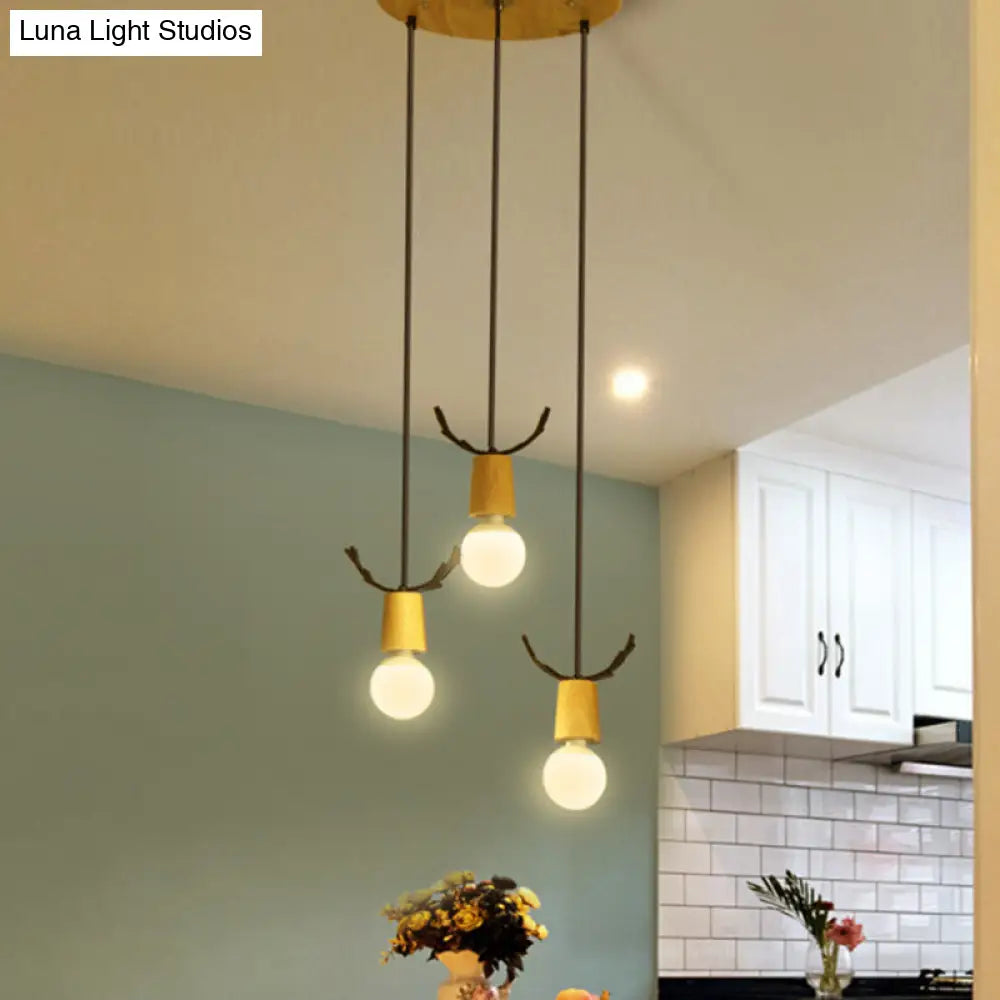 Nordic Antler Wooden 3-Light Hanging Pendant with Open Bulb Design for Restaurants