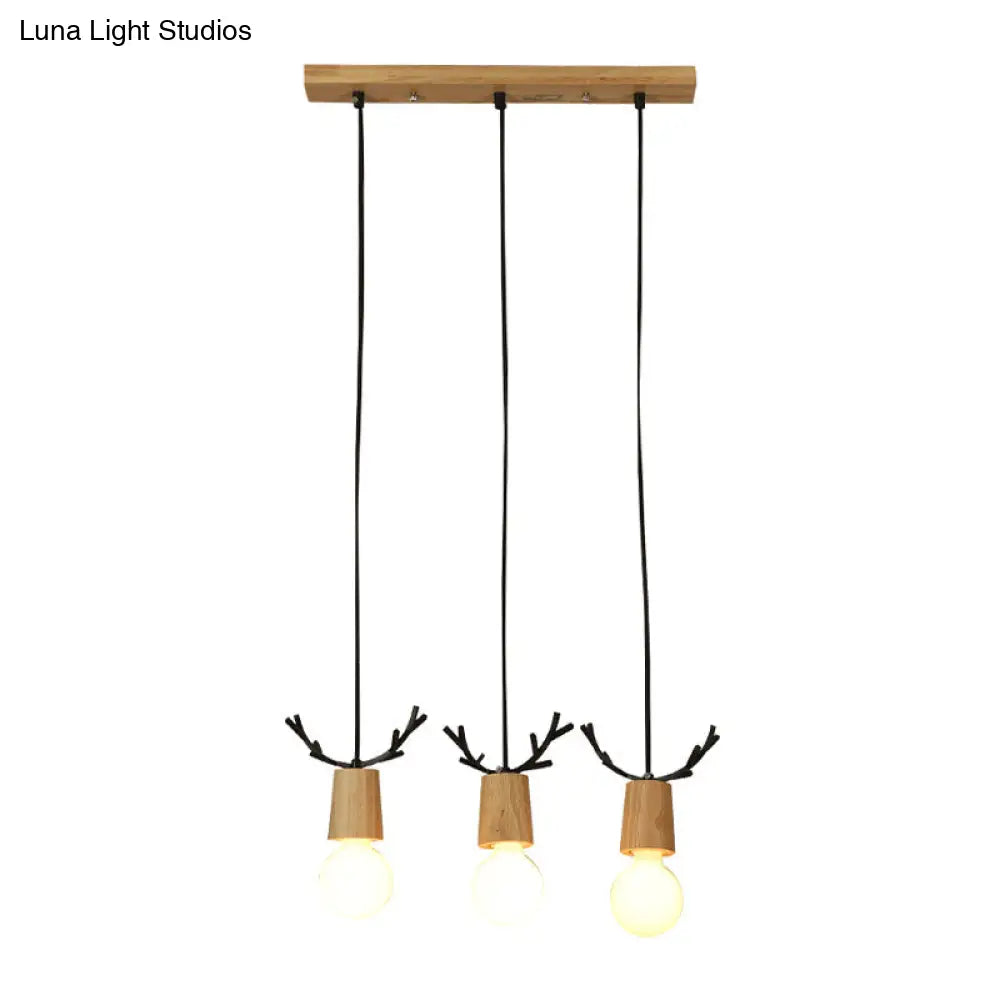 Nordic Antler Wooden 3-Light Hanging Pendant with Open Bulb Design for Restaurants