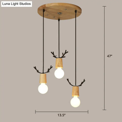 Nordic Antler Wooden 3-Light Hanging Pendant with Open Bulb Design for Restaurants