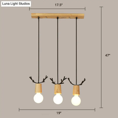 Nordic Antler Wooden 3-Light Hanging Pendant with Open Bulb Design for Restaurants