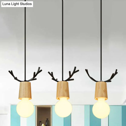 Nordic Antler Wooden 3-Light Hanging Pendant with Open Bulb Design for Restaurants