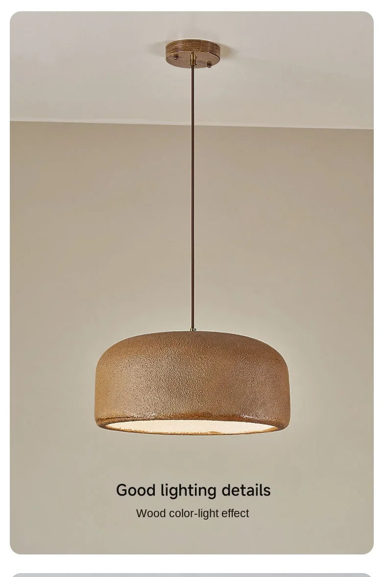 Warm-toned nordic led pendant lamp with textured wood-like finish and sleek metal chain for bar and restaurant lighting