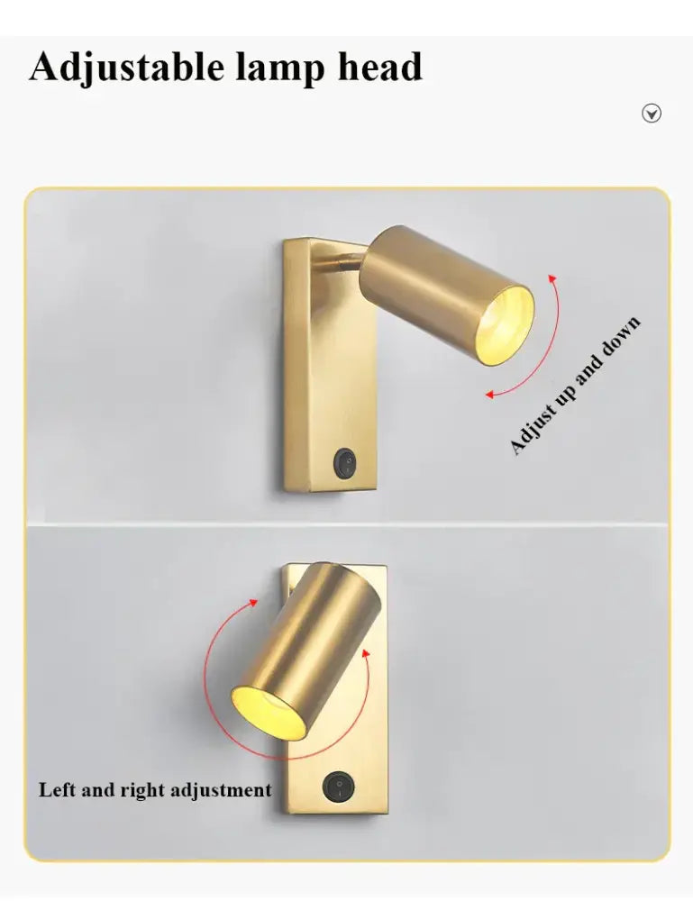Brass-finished adjustable wall lamp head with cylindrical spotlight and mounting plate for decorbites black brass wall sconce