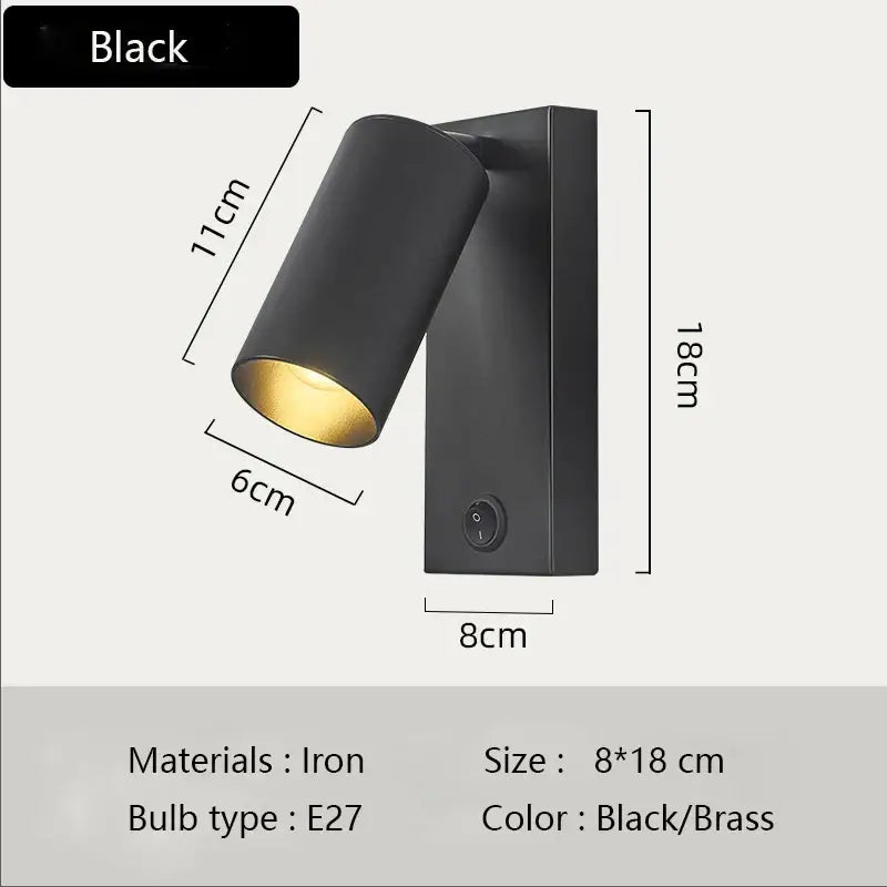 Nordic black brass wall sconce featuring a cylindrical black iron shade and e27 bulb socket for bedroom wall lamp decorbites
