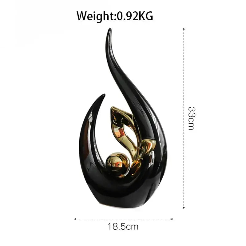 Black and gold glossy nordic ceramic figurine with flowing flame-like form for living room desk decor