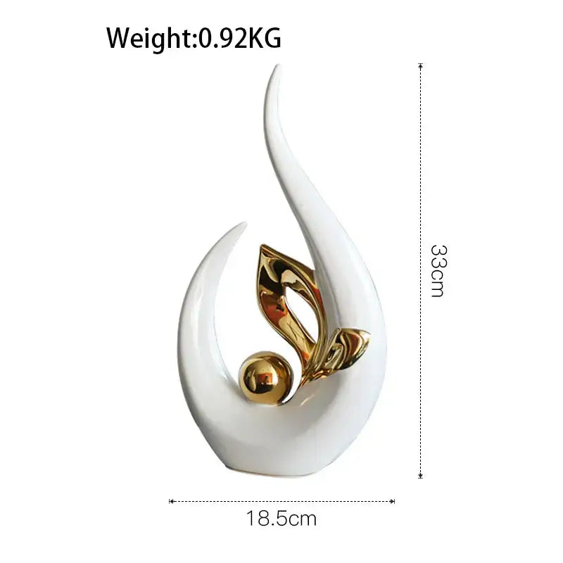 Elegant white and gold leaf nordic ceramic figurine with spherical accents 33cm tall for living room decor