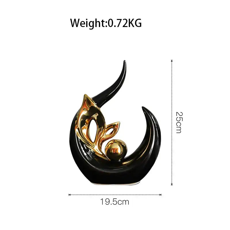 Elegant nordic ceramic figurine in black and gold featuring a stylized flame design with a central golden sphere for decor