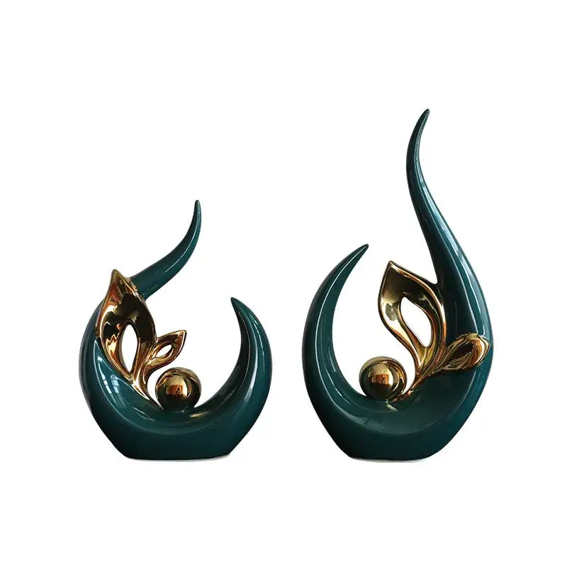 Teal and gold abstract ceramic figurine with flowing flame-like forms nordic ceramic decor for living room desk