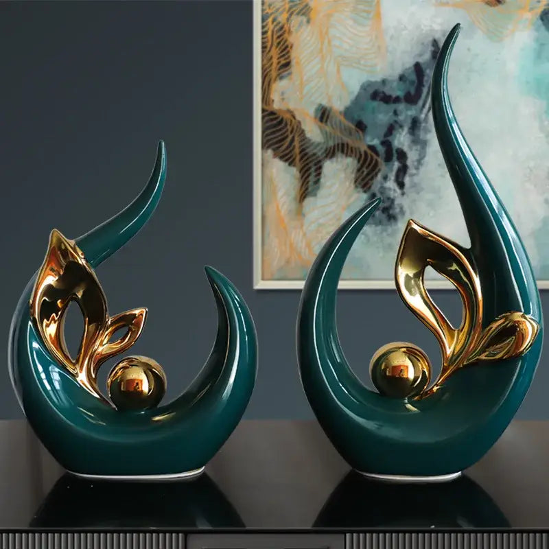 Teal nordic ceramic figurine with gold leaf accents and polished metallic spheres for living room desk decor