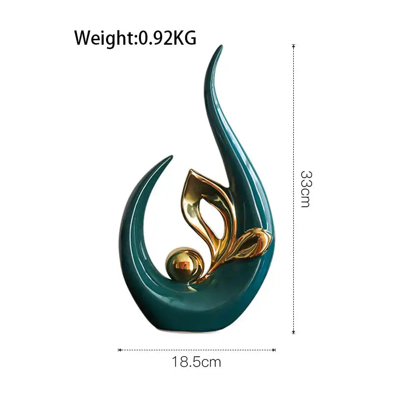 Teal and gold abstract ceramic figurine with flowing curves nordic ceramic figurine for living room desk decor