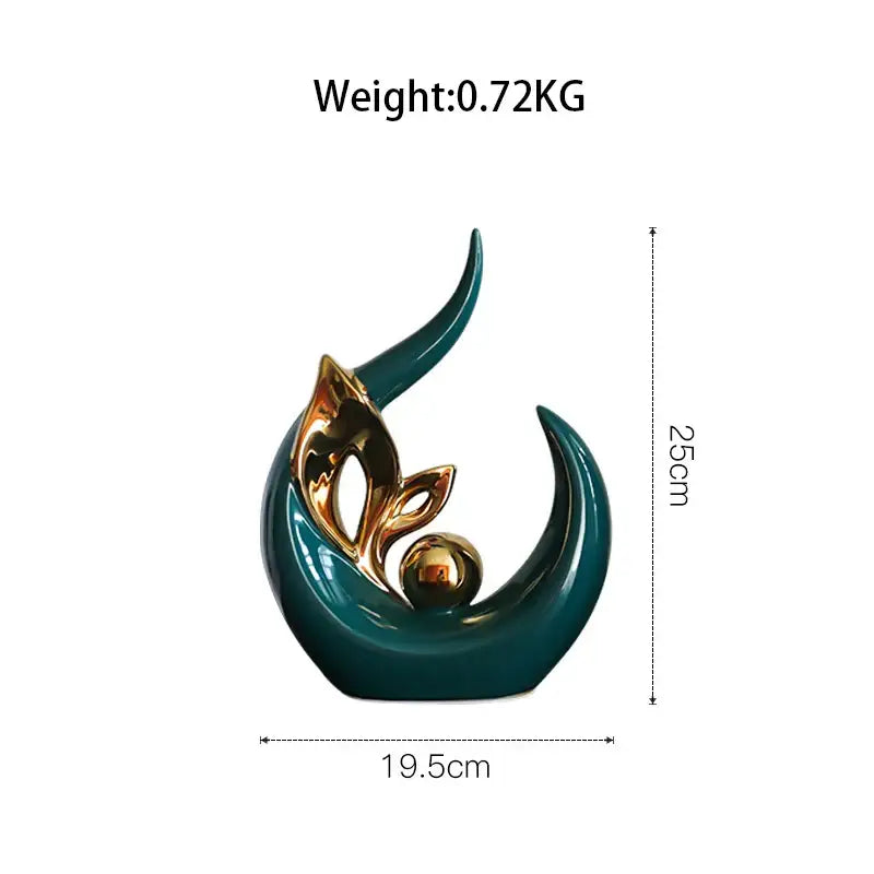 Teal and gold abstract ceramic figurine with flowing crescent form nordic ceramic figurine for living room decor