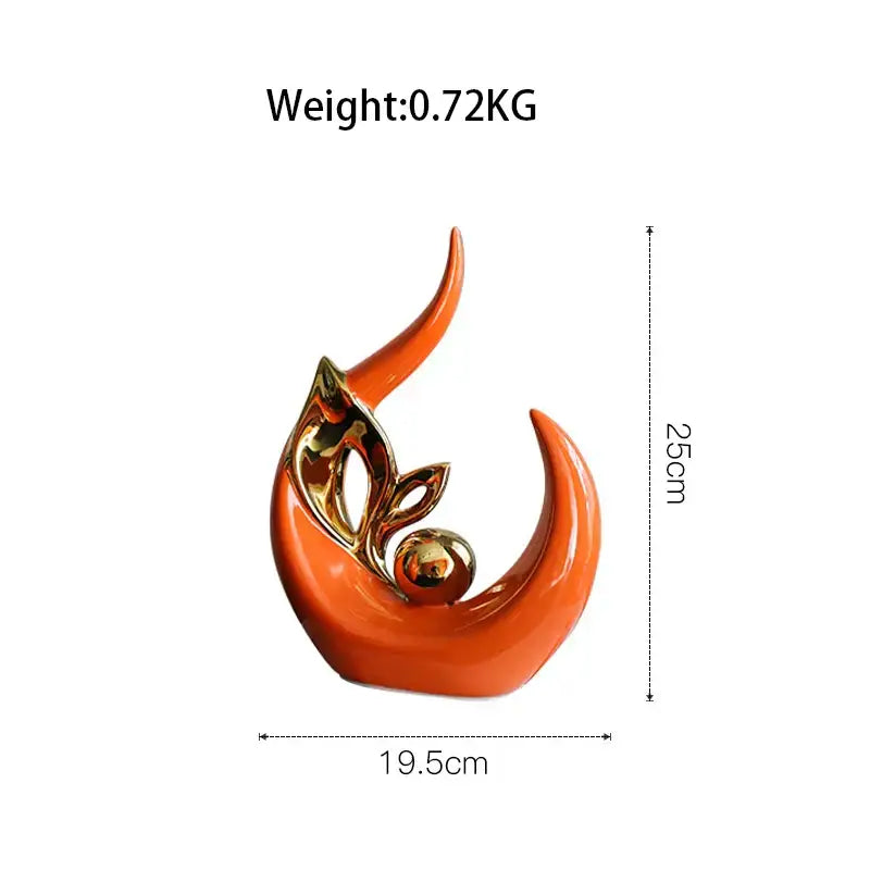 Vibrant orange nordic ceramic figurine with gold leaf accents and polished metallic sphere for living room decor
