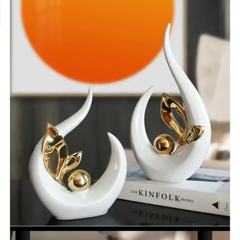 White ceramic nordic ceramic figurine with gold leaf and spherical accents for living room desk decor