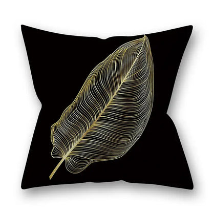 Black throw pillow with delicate gold leaf design and fine line art for nordic golden leaves pillow living room decor