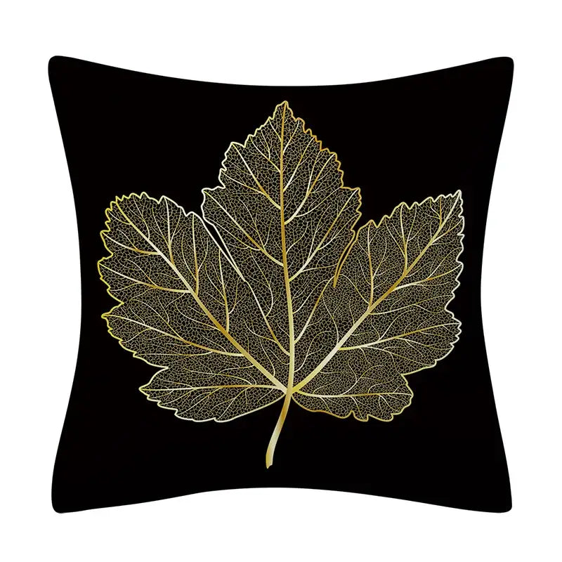 Black cushion with detailed gold leaf design and intricate veins for nordic golden leaves pillow living room decor