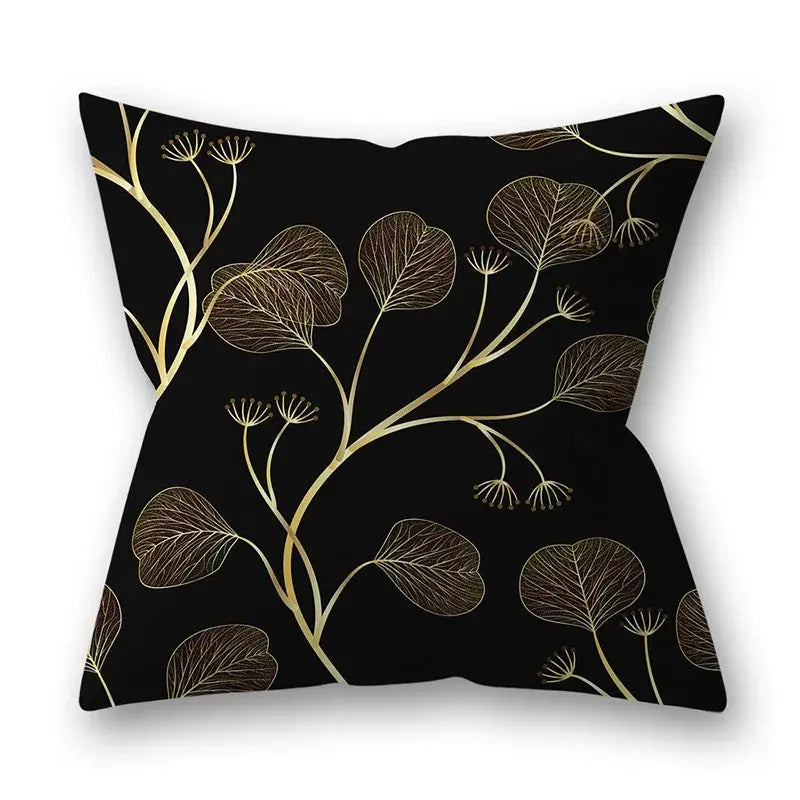 Black throw pillow with elegant gold leaf and branch pattern for nordic golden leaves pillow cases living room decor