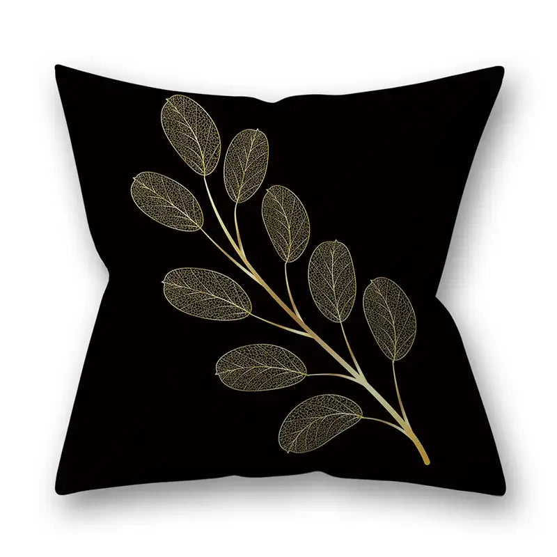 Black throw pillow with delicate gold leaf branch design for nordic black and gold golden leaves pillow cases decor