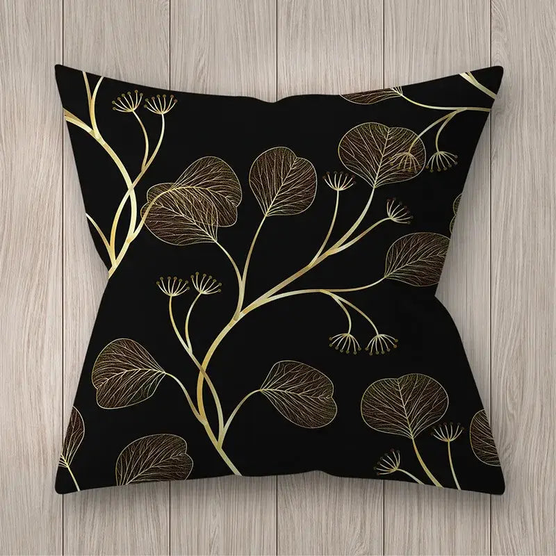 Black cushion with elegant gold leaf and branch pattern for nordic black and gold golden leaves pillow decor