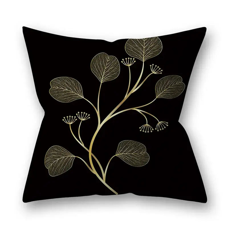 Black throw pillow with elegant gold leaf and stem design for Nordic black and gold golden leaves pillow cases decor