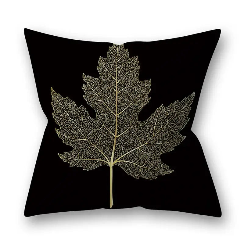 Black throw pillow with detailed gold golden leaves design perfect as leaves pillow cases for living room decor