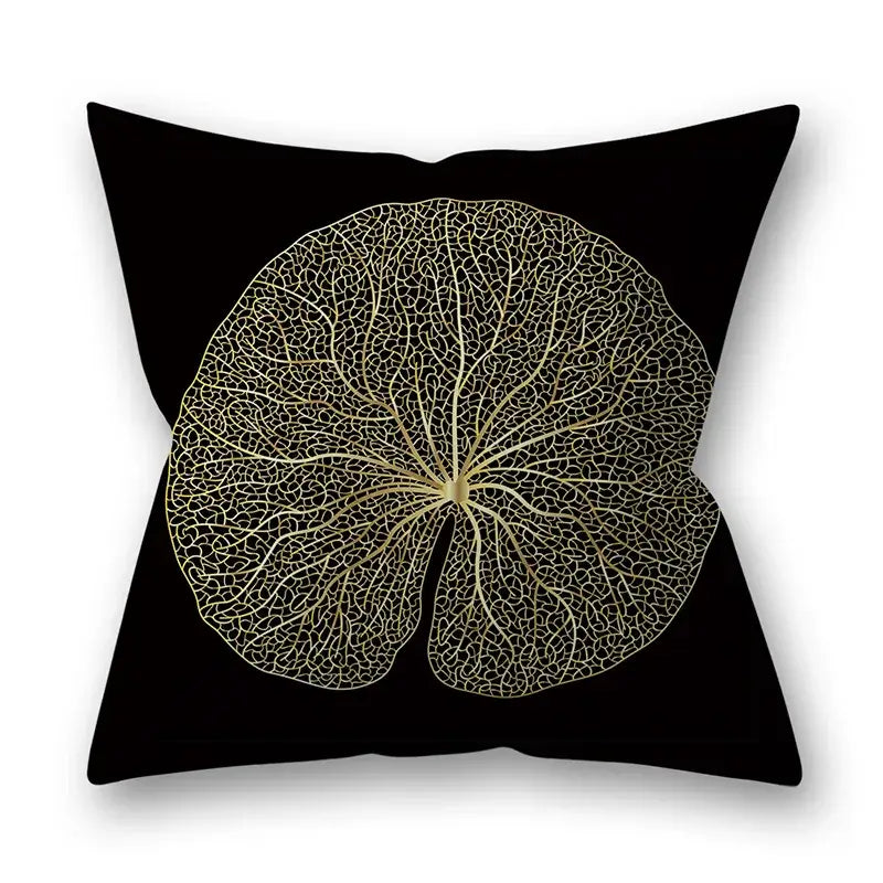 Black throw pillow featuring detailed golden leaves vein pattern for living room decor golden leaves pillow