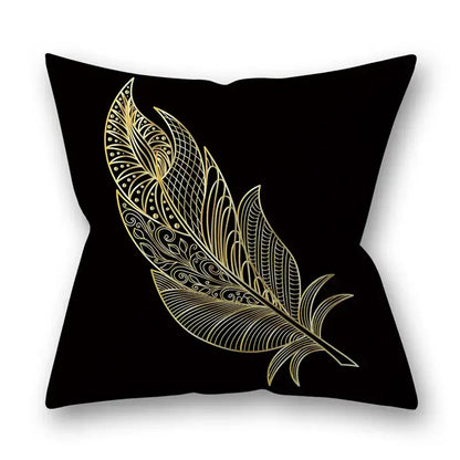 Black throw pillow with an intricately detailed gold feather design for nordic black and gold golden leaves pillow cases decor