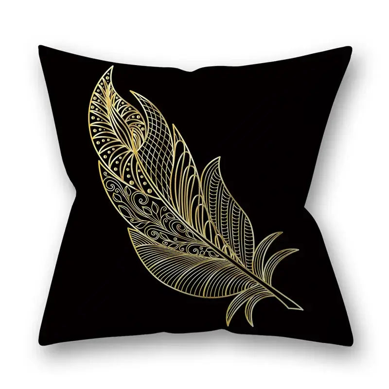Black throw pillow with an intricately detailed gold feather design for nordic black and gold golden leaves pillow cases decor