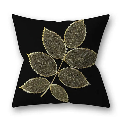 Black throw pillow with intricate gold leaf design featuring detailed vein patterns for golden leaves pillow cases decor