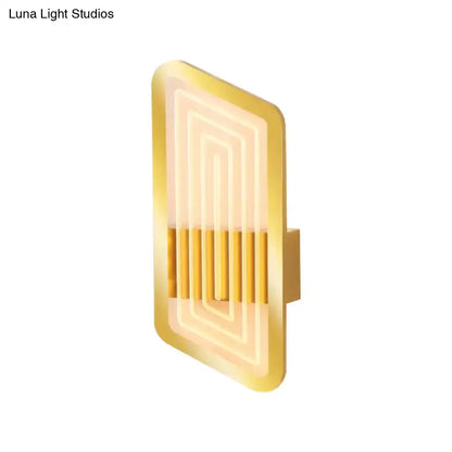 Gold-finished rectangular nordic wall light fixture with concentric neon lines and vertical bars for living room use