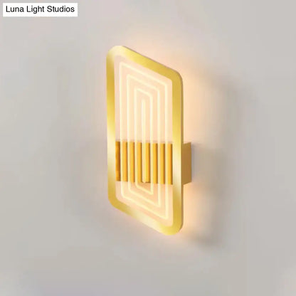 Gold-finished Nordic wall light fixture with illuminated concentric neon lines and vertical slats for living room use