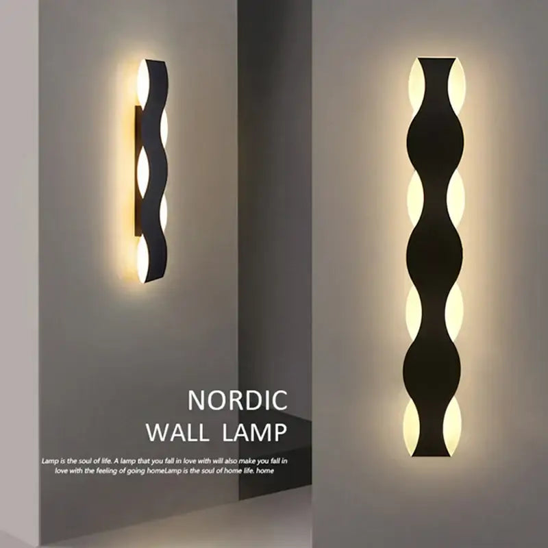 Black nordic led wave wall light with wavy sculptural design and warm decorbites led wave lighting for bedroom decor