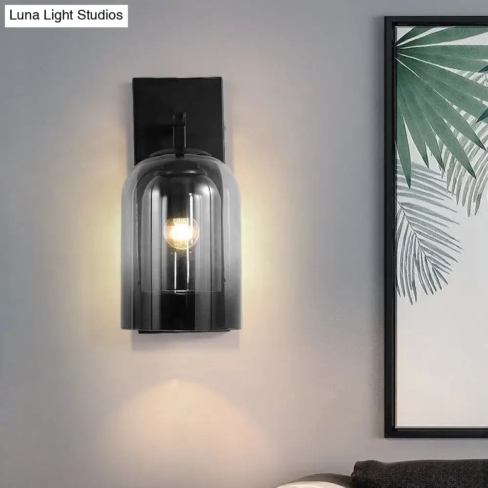 Nordic black smoked glass dome wall lamp with sleek modern design and vertical ridges for bedroom sconce lighting