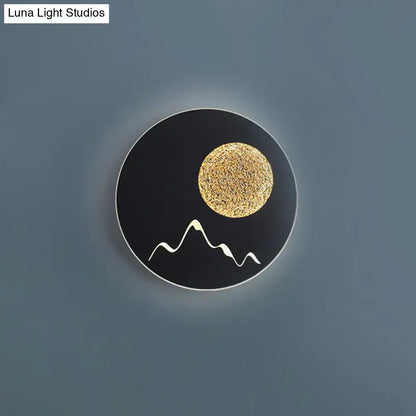 Nordic black white grey mountain wall light fixture with textured gold moon and white mountain silhouette for bedroom use