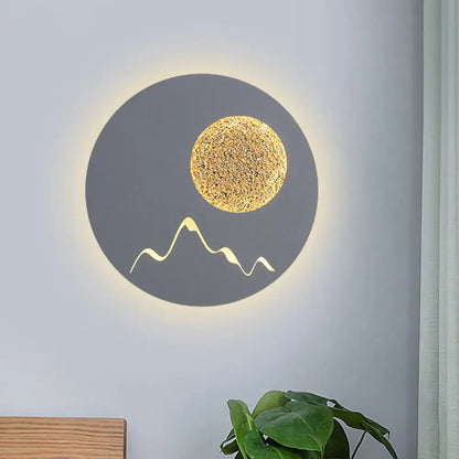 Nordic black white grey wall light with textured gold sun and stylized mountain peaks for bedroom fixture height display