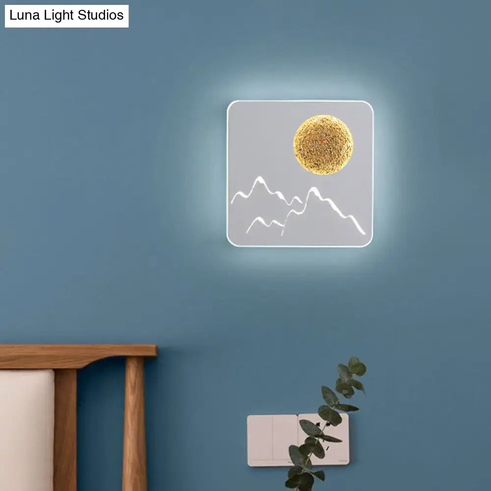 Modern black white grey mountain wall light fixture with frosted glass and textured golden sphere for bedroom use