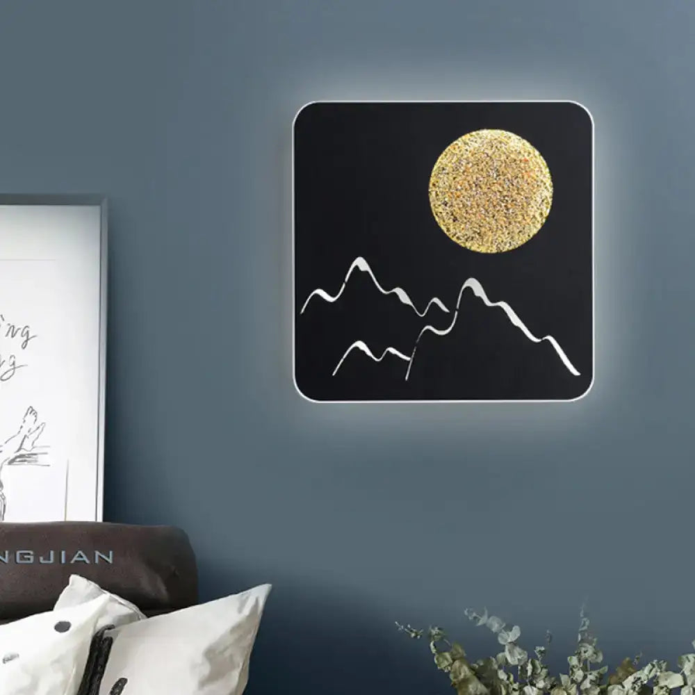 Nordic black white grey mountain wall light fixture with textured gold moon and white mountain silhouettes for bedroom