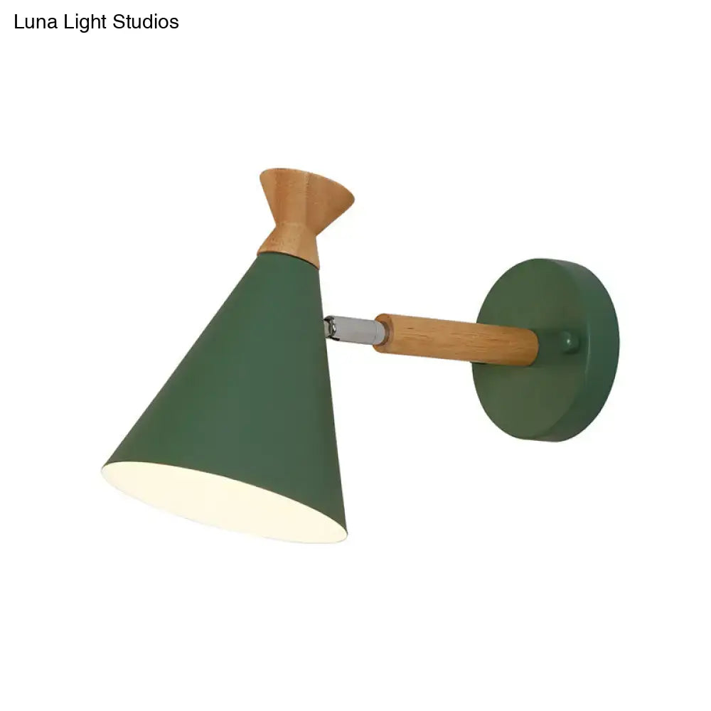 Green metal cone shade wall light with wooden handle and mounting plate for bedroom reading lamp