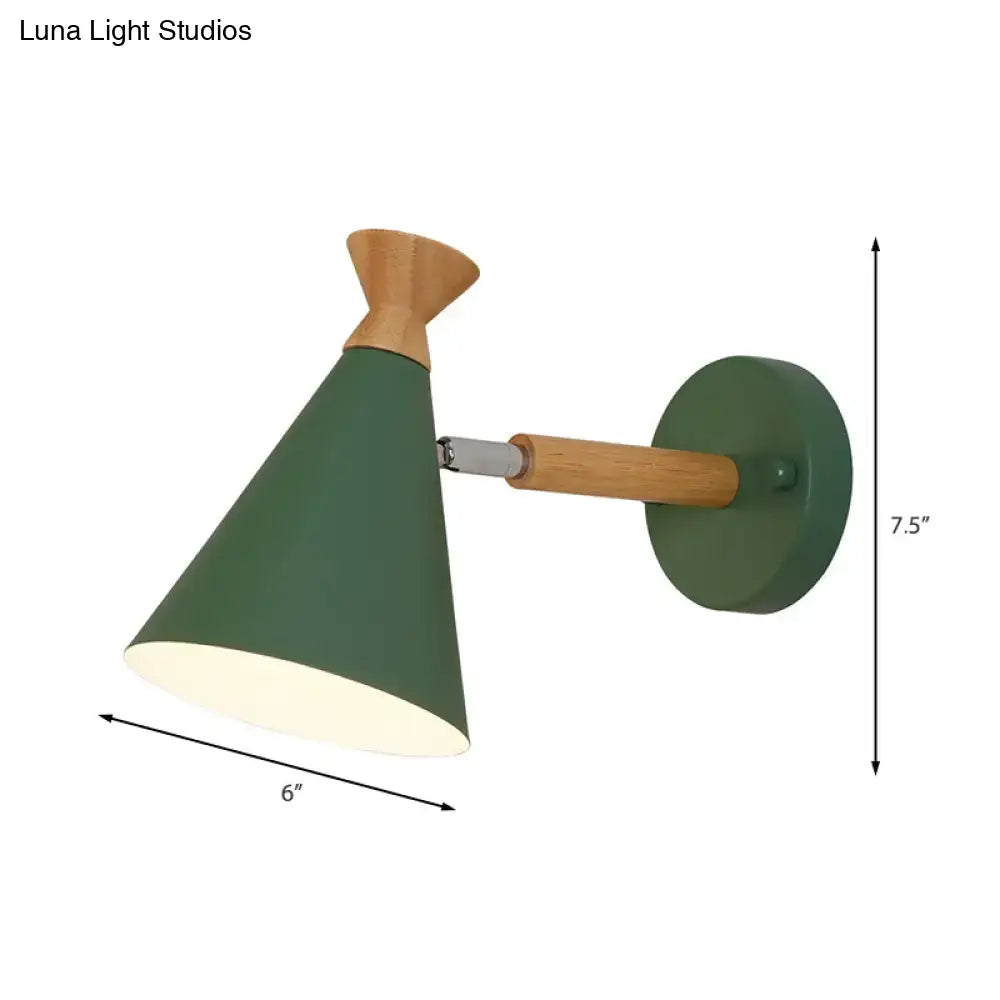 Green conical wall light with metal cone shade and wooden handle for bedroom reading lamp mounting plate included